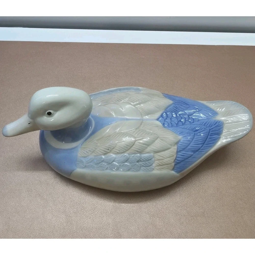 Rare Vintage Glazed Ceramic Blue & White Duck Waterfowl Figurine